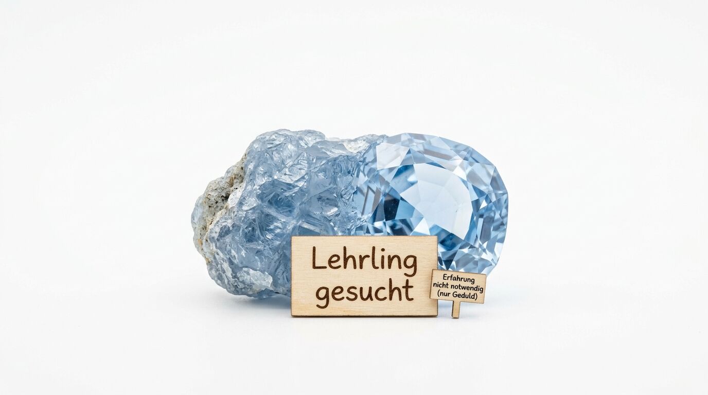 Ein hellblauer Kristallstein liegt vor einem weißen Hintergrund, davor zwei Holzschilder