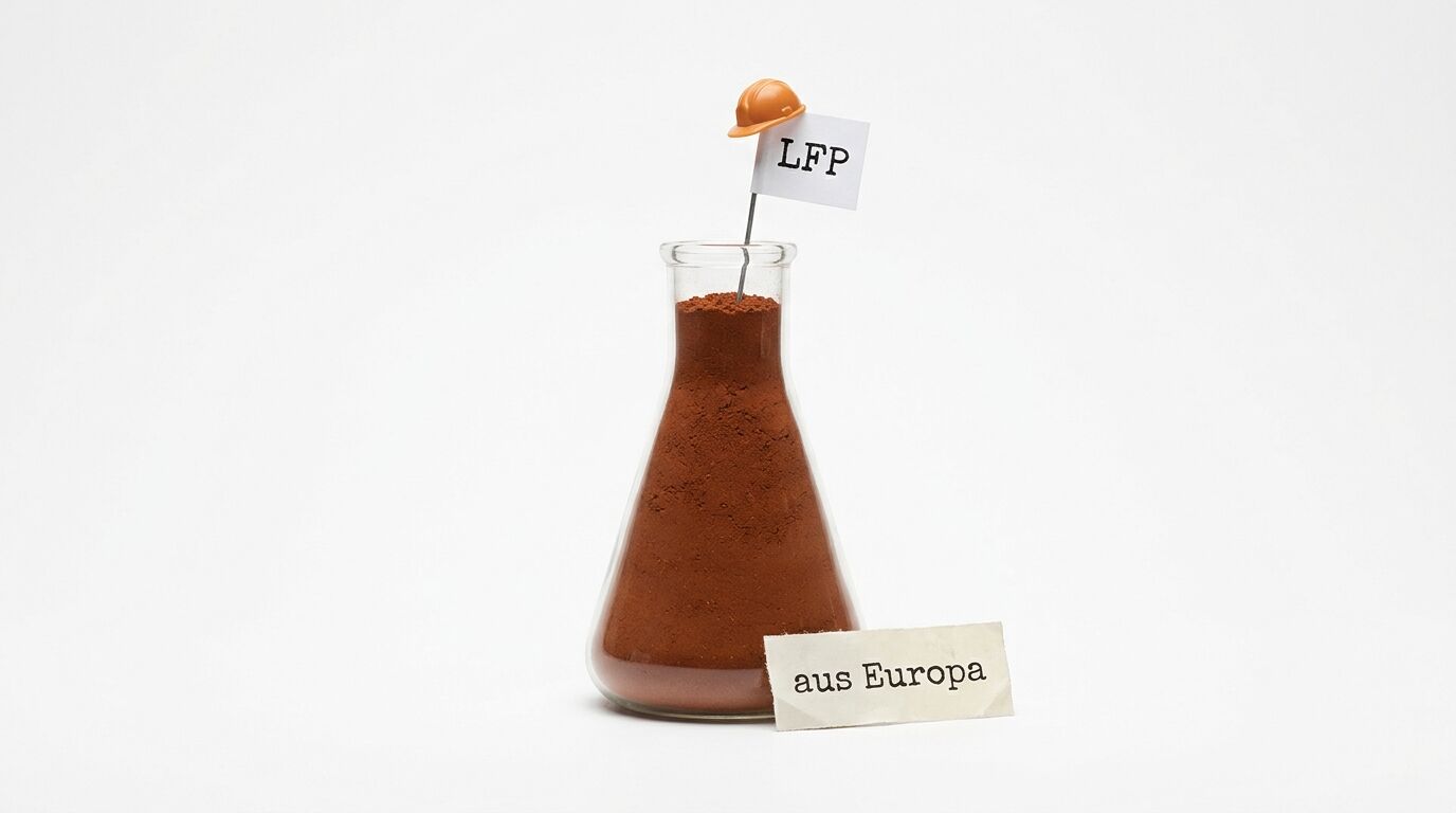 Erlenmeyerkolben mit braunem Pulver, Helm-Fahne „LFP“ und Zettel „aus Europa“ auf Weiß
