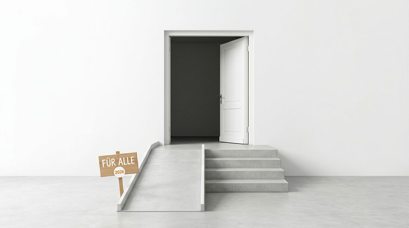 Treppe und Rampe führen zu offener Tür in weißer Wand mit Schild „Für alle 2026“