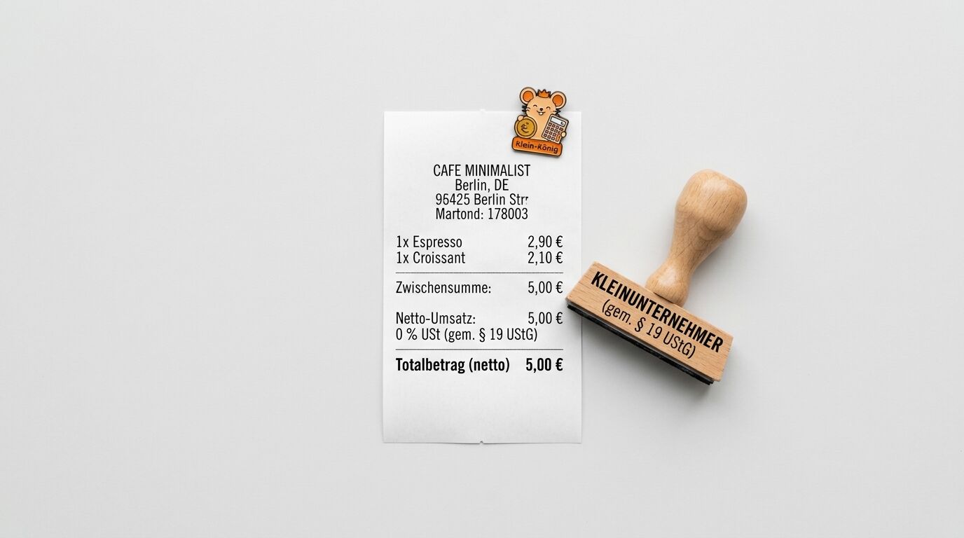 Draufsicht auf Bon, Bärenklammer und Holzstempel mit „Kleinunternehmer“-Aufdruck auf Weiß