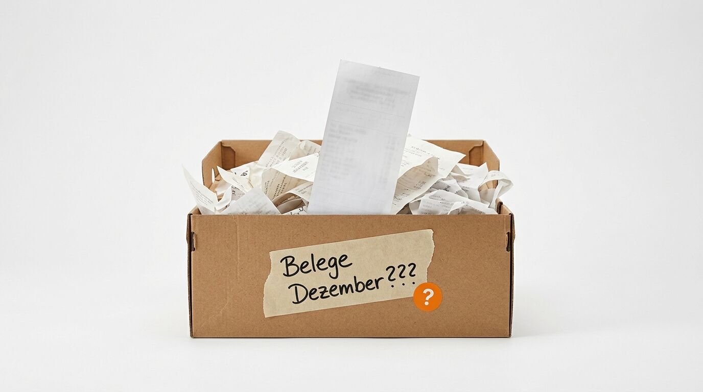 Pappkarton voll Quittungen, Aufkleber „Belege Dezember???“ und Fragezeichen auf Weiß