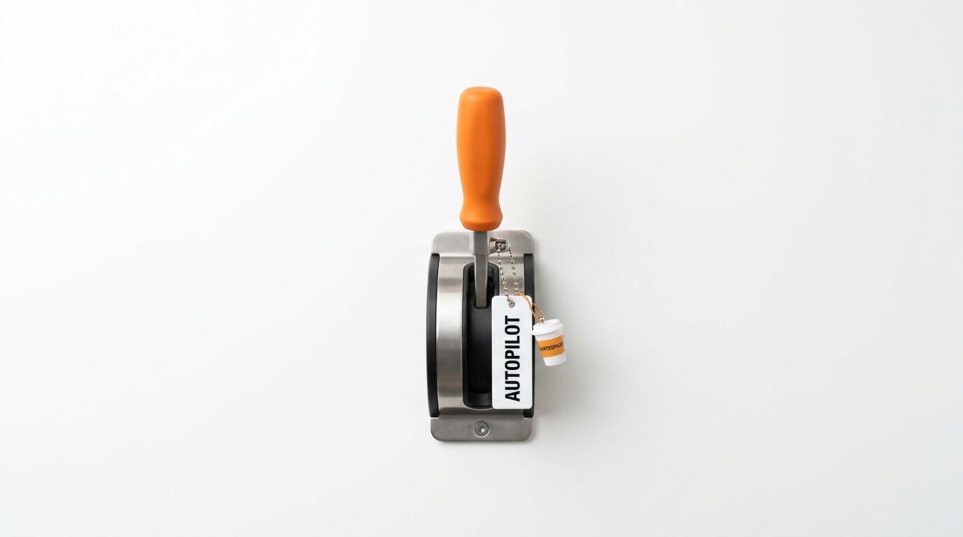 Ein Hebel mit orangem Griff und „AUTOPILOT“-Anhänger auf weißem Hintergrund