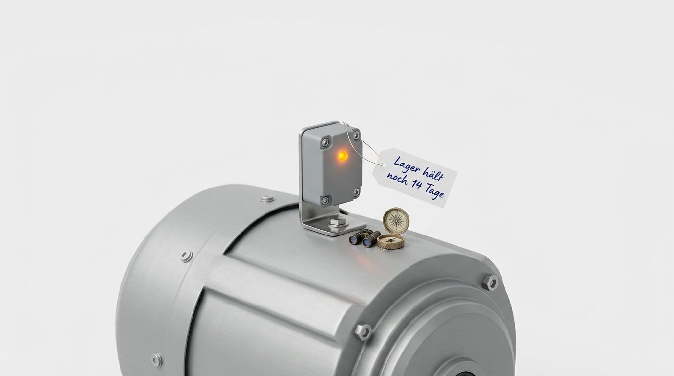 Zylindrisches Metallgehäuse mit Sensor, gelbem Licht, Fernglas, Kompass und Textfahne vor weißem Grund