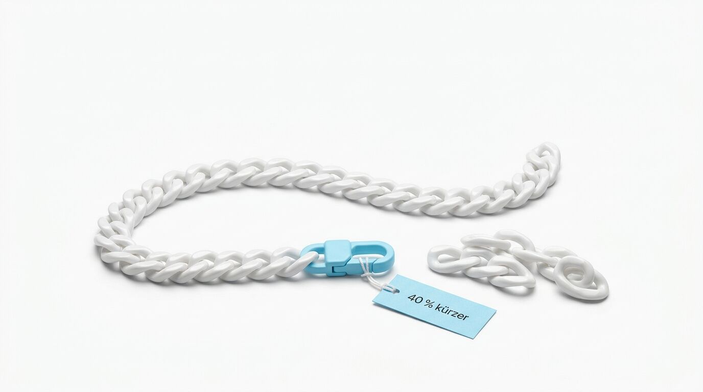 Weiße Kunststoffkette mit hellblauem Verschluss und Preisschild: 40% kürzer