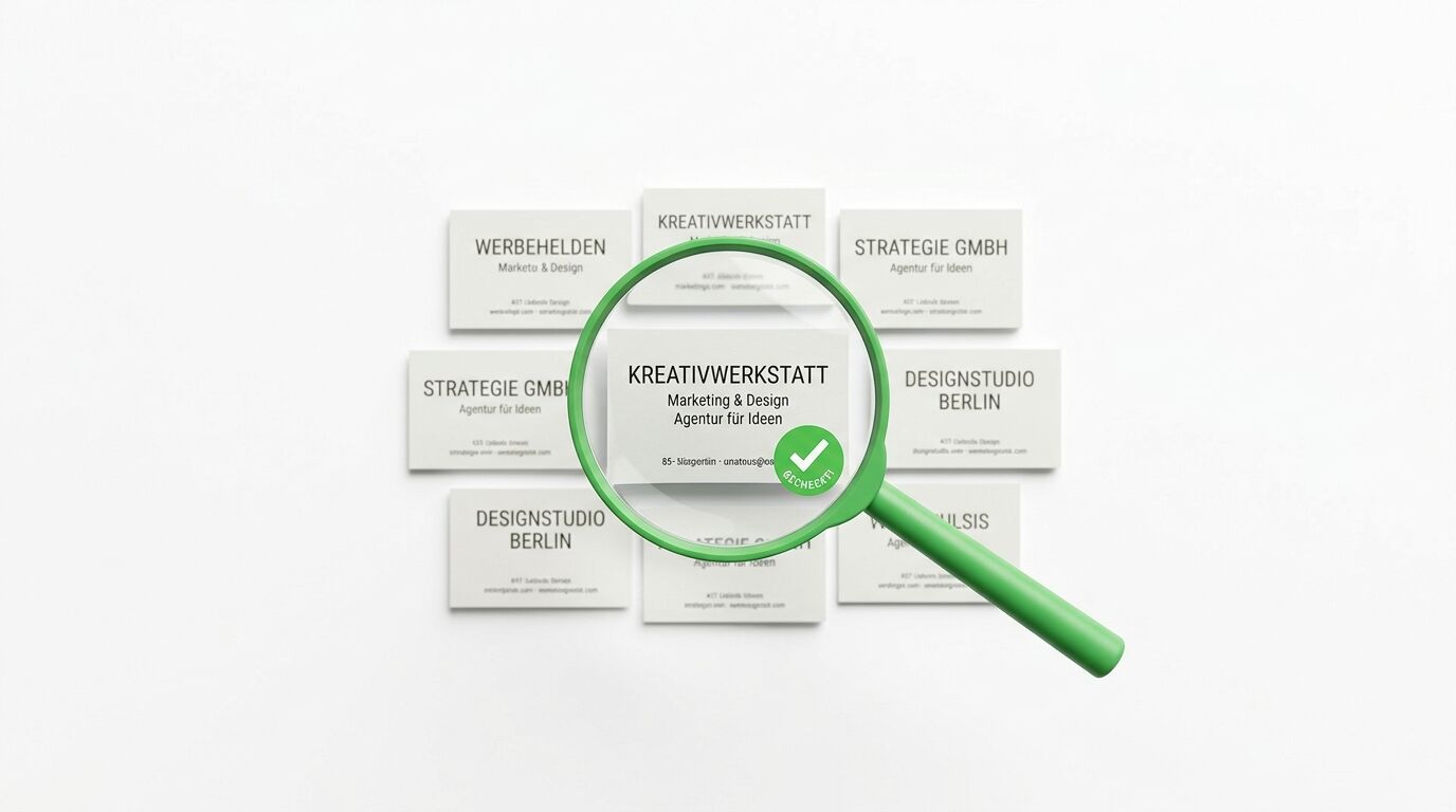 Lupe mit Häkchen vergrößert Visitenkarte der Kreativwerkstatt, umgeben von weiteren Visitenkarten verschiedener Agenturen