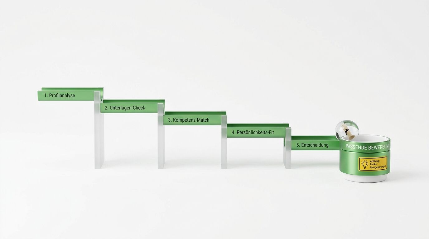 Stufenförmiges Diagramm mit fünf grünen Stufen zur Darstellung eines Bewerbungsprozesses mit Endresultat in einer Kapsel