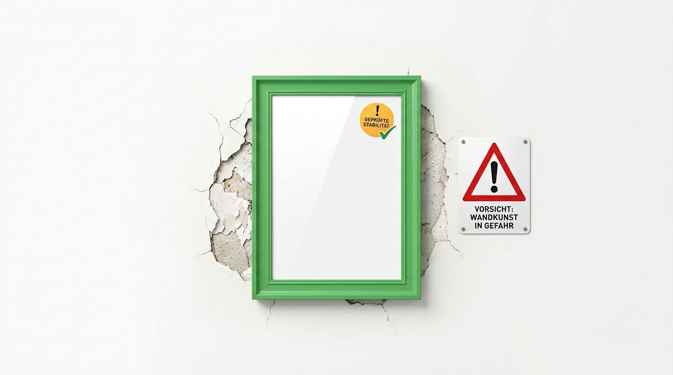 Grüner Rahmen an beschädigter Wand mit Stabilitätssiegel und Warnschild vor Wandkunstgefahr