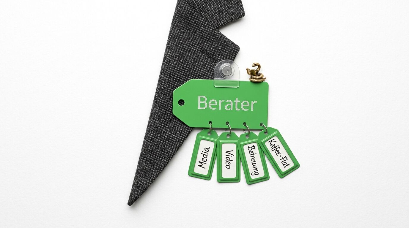 Grüner Schlüsselanhänger mit "Berater" beschriftet und vier Etiketten: Media, Mideo, Betreuung, Kundl. Mit grauer Krawatte und Deko-Element