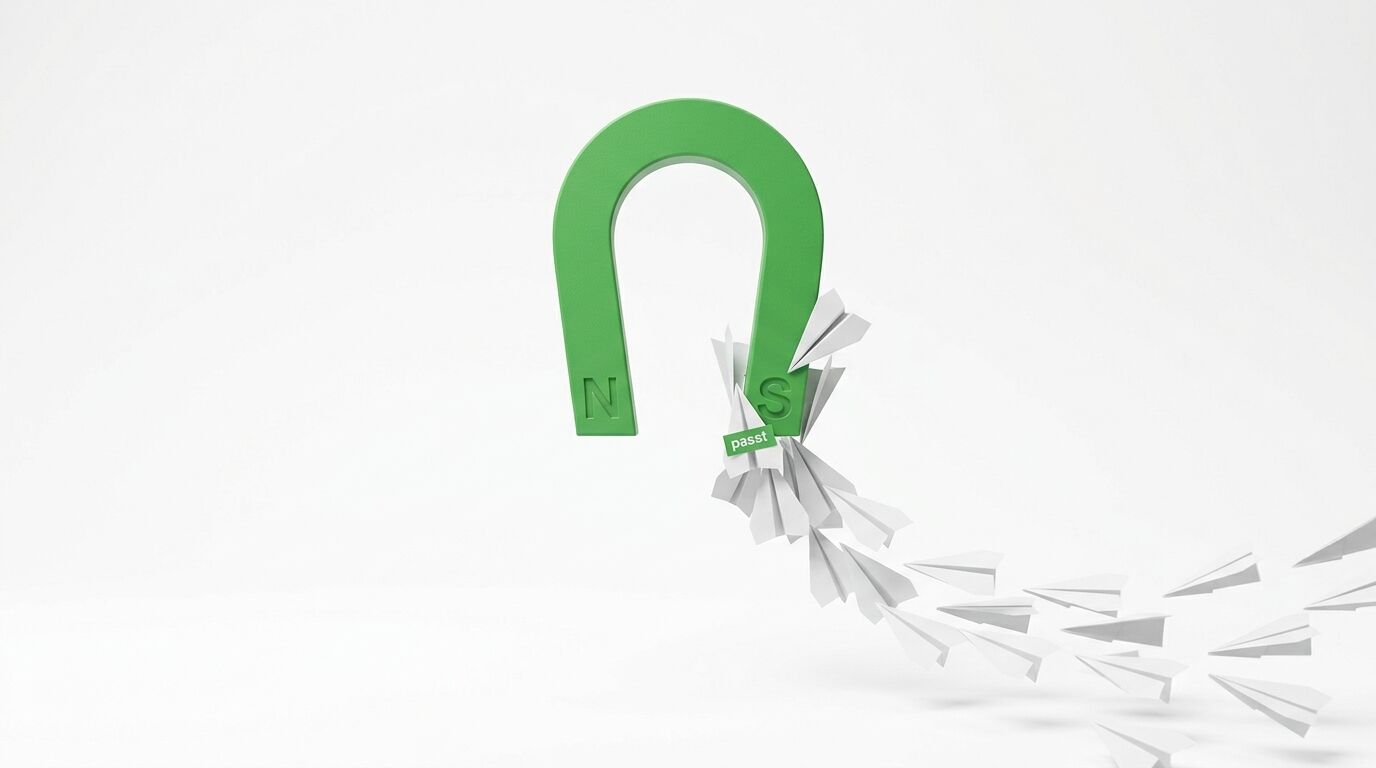 Ein grüner Hufeisen-Magnet mit N- und S-Pol, der graue Pfeile anzieht, die von rechts ausströmen