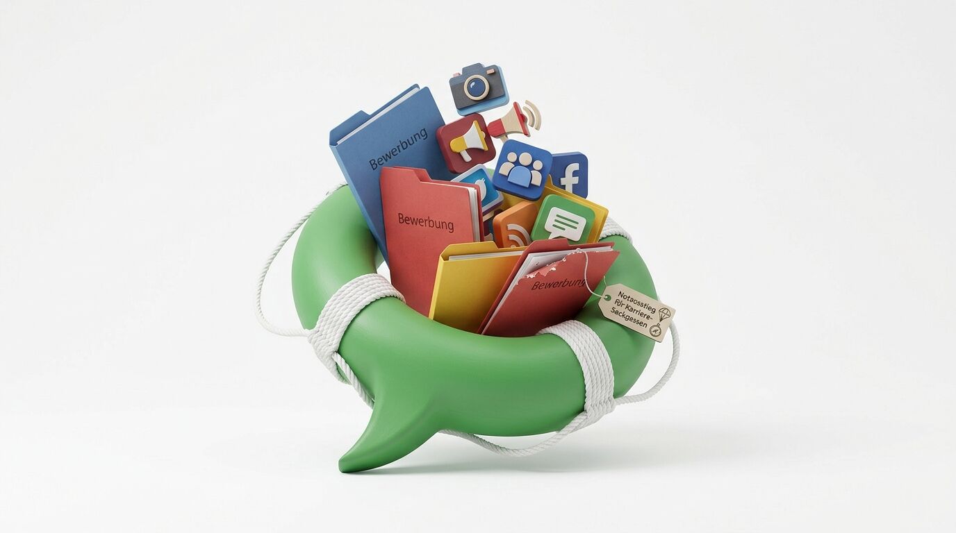 Grüne Sprechblase mit Seilen gefüllt mit Bewerbungsmappen, Kamera, Megafon, Facebook-Icon und weiteren digitalen Symbolen