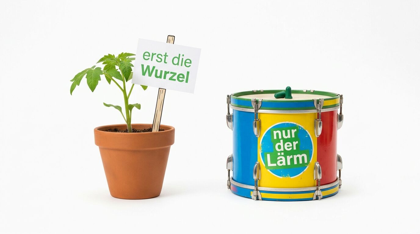 Topfpflanze mit "erst die Wurzel"-Schild und buntes Kindertrommelspiel "nur der Lärm" nebeneinander auf weißem Hintergrund