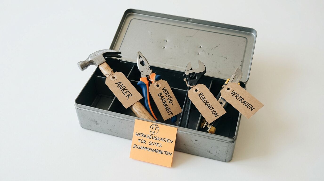 Offener Werkzeugkasten mit Werkzeugen und Beschriftungen zur Zusammenarbeit