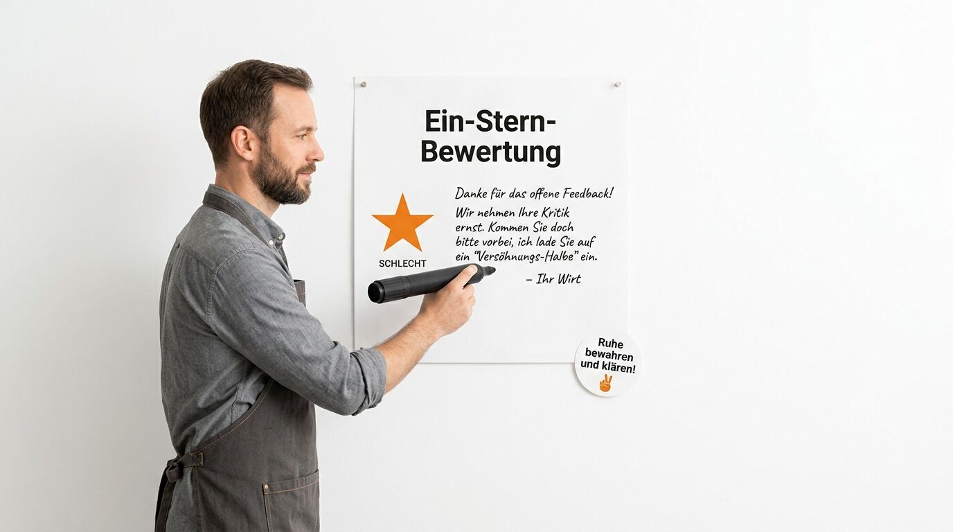 Ein bärtiger Mann schreibt einen Text auf eine Tafel mit einer Ein-Stern-Bewertung