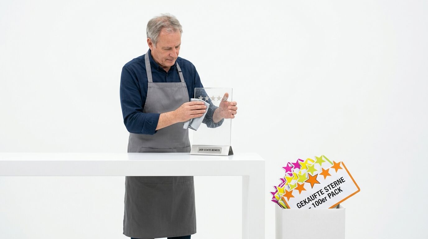 Ein Mann putzt einen Stern-Award; rechts daneben eine Kiste mit 'gekauften Sternen'