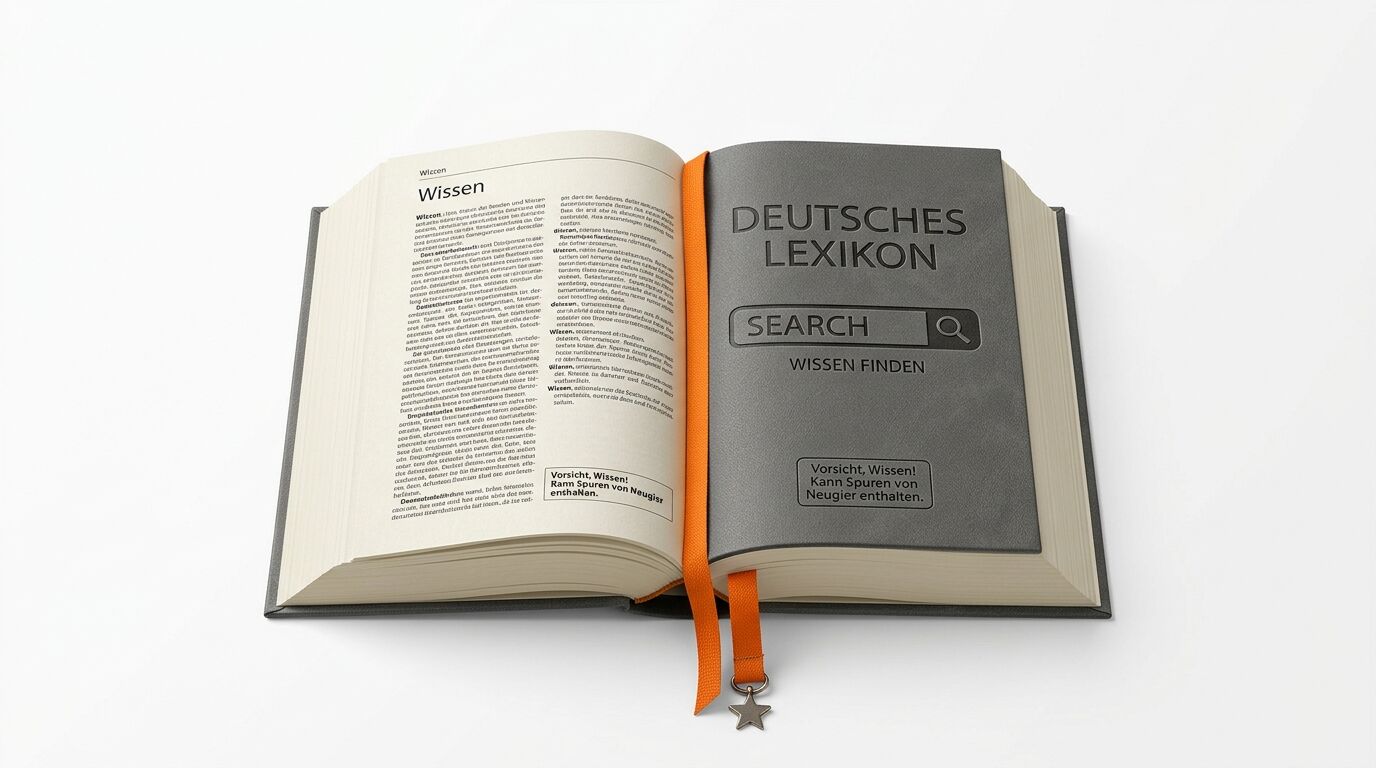 Aufgeschlagenes Buch mit Textseiten links und grauem Deckblatt rechts, darin Suchfeld, Text, Sternband