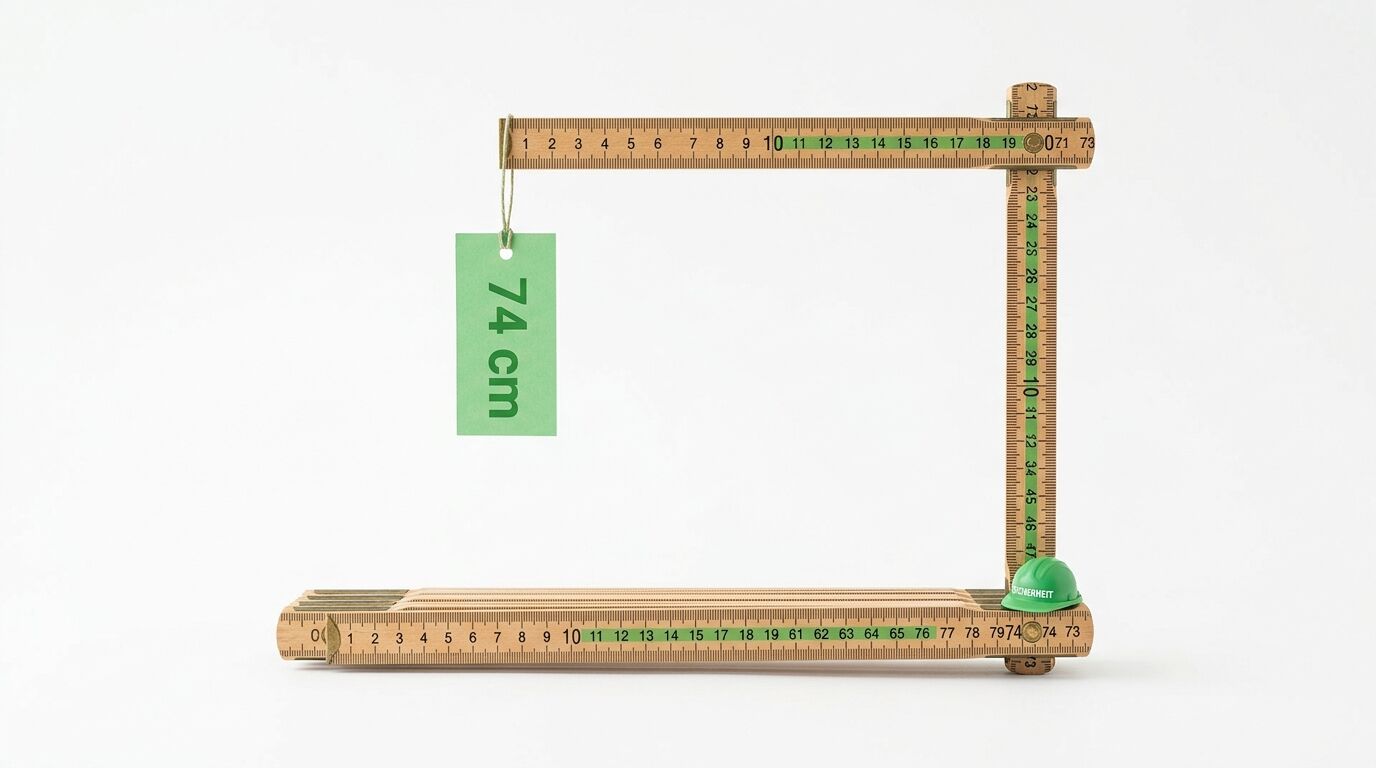 Zollstock bildet Rechteck mit 74cm-Schild und grünem Bauhelm