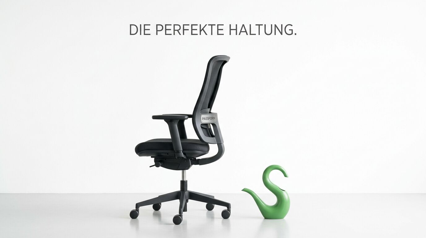 Schwarzer Bürostuhl und grünes S-Objekt auf weiß vor dem Text „DIE PERFEKTE HALTUNG.“