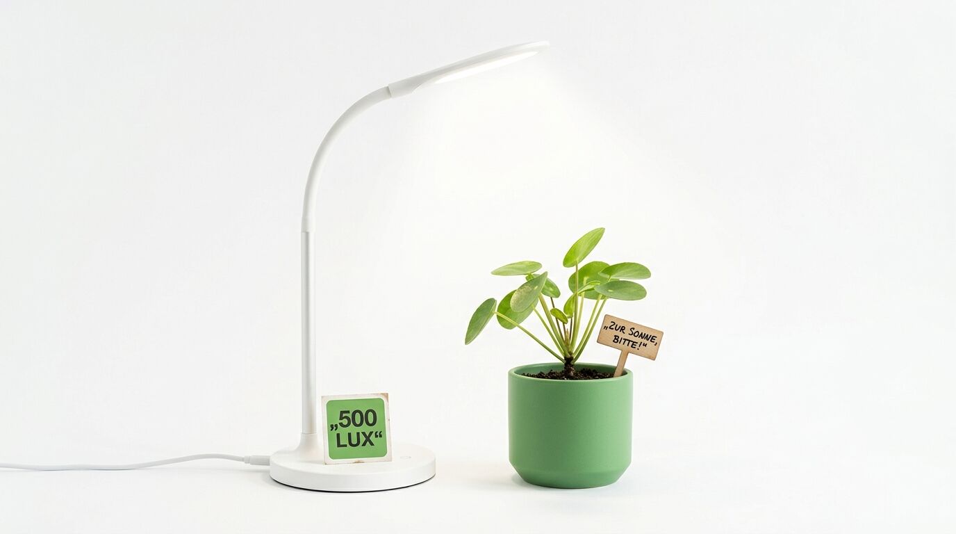 Beleuchtete Pflanze neben LED-Lampe vor weißem Hintergrund