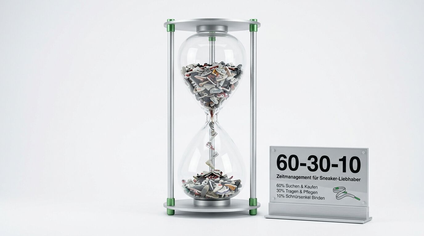 Eine Sanduhr mit Miniatur-Sneakern und ein Schild mit dem Text „60-30-10 Zeitmanagement“
