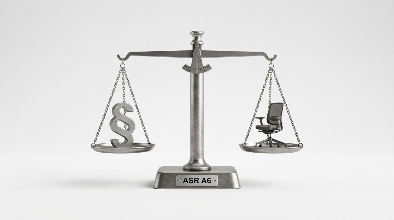 Balkenwaage mit Paragrafenzeichen links, Bürostuhl rechts, Plakette „ASR A6“ am Fuß
