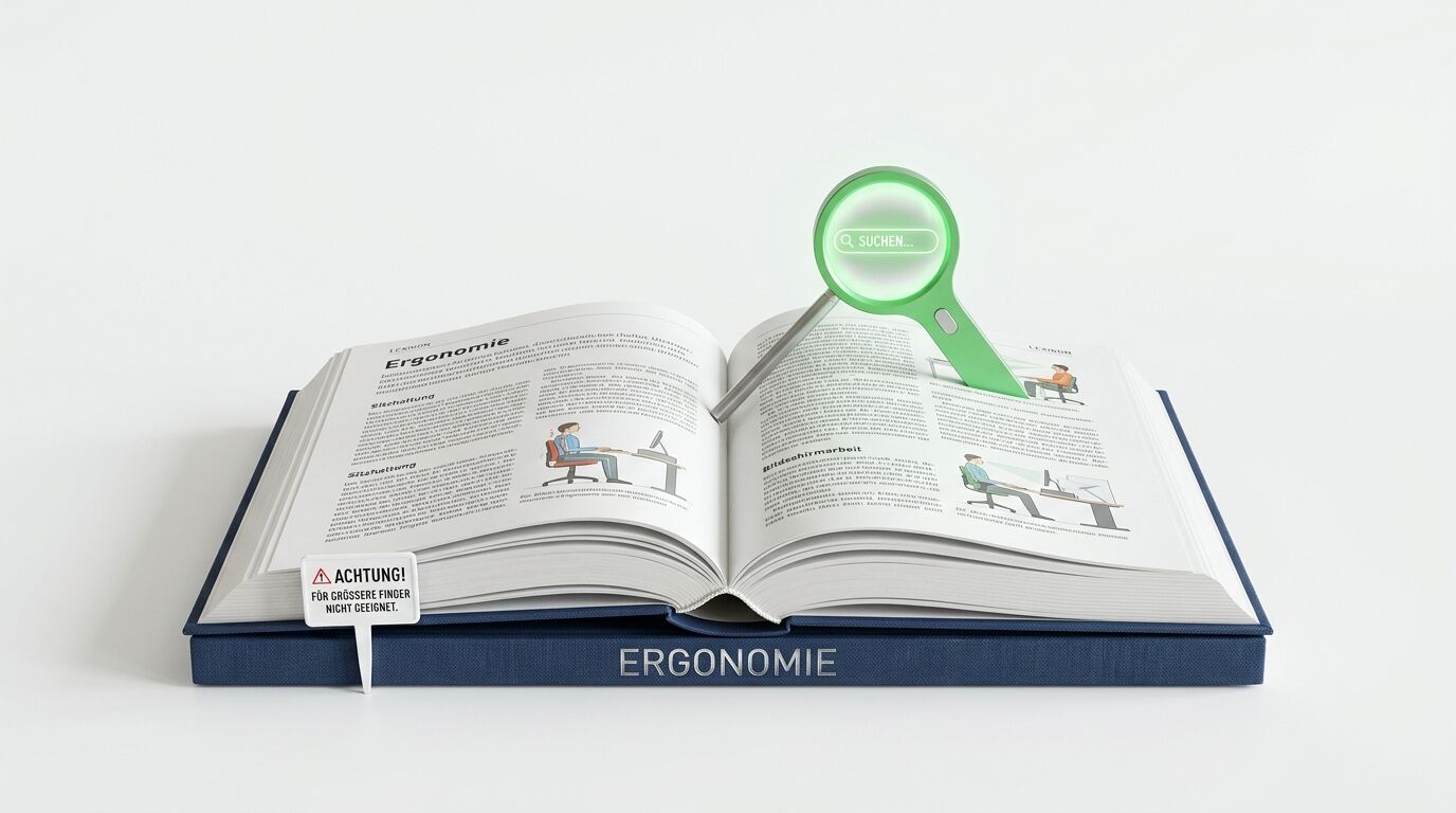 Geöffnetes Buch zum Thema Ergonomie mit Lupe und Warnschild