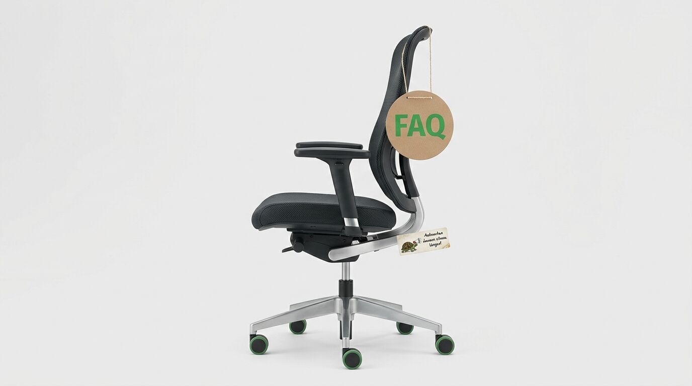 Bürostuhl mit Mesh-Rückenlehne und FAQ-Schild, seitlich von links, vor weißem Hintergrund