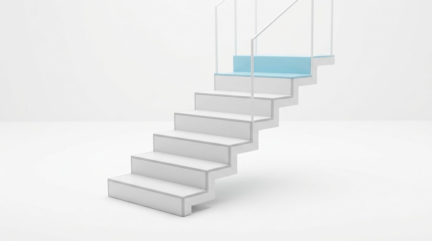 Eine Treppe mit mehreren Stufen führt nach oben. Die oberste Stufe ist blau hervorgehoben, die anderen sind grau