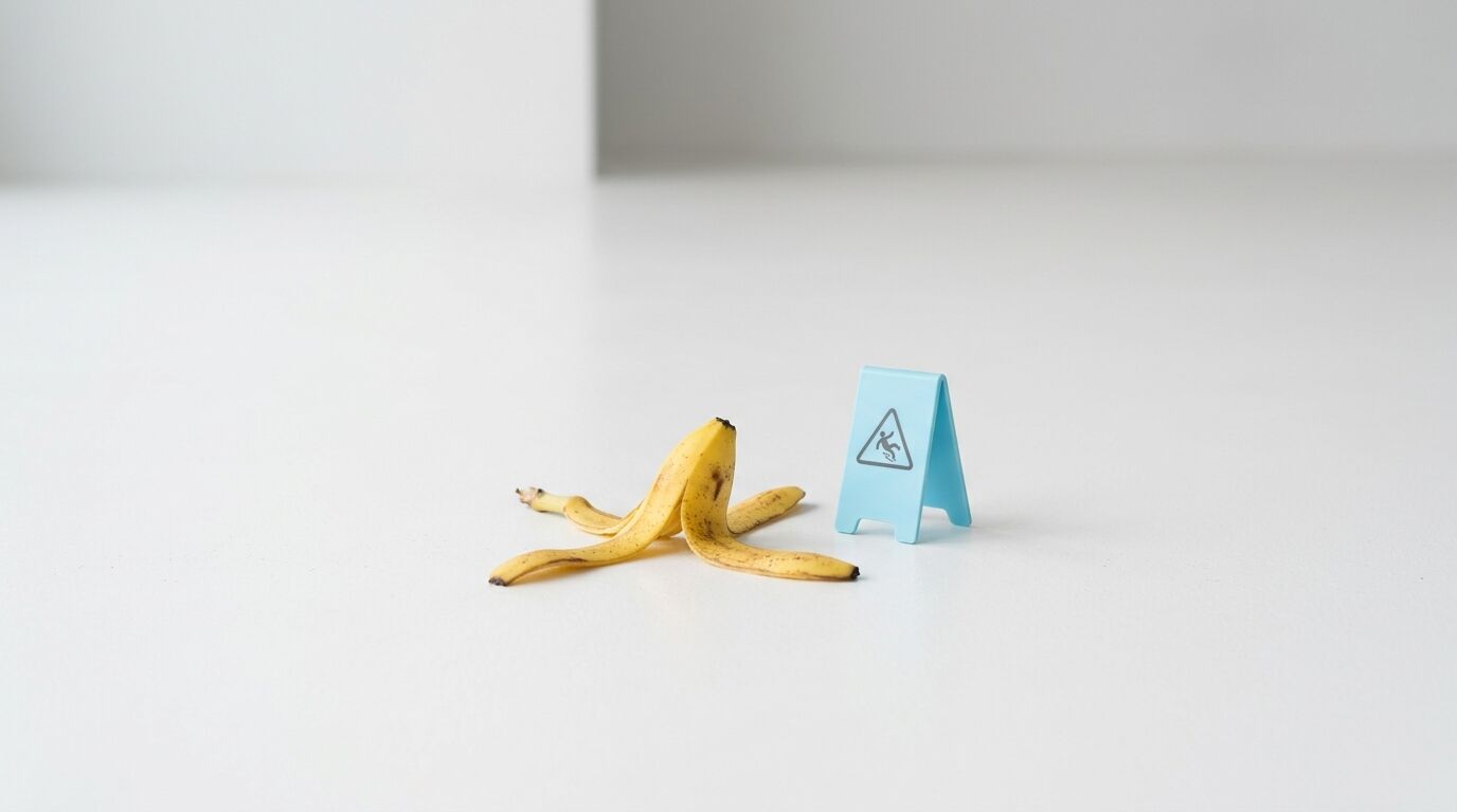 Eine rutschige Bananenschale liegt neben einem blauen Warnschild mit Ausrutscher-Symbol auf weißem Untergrund