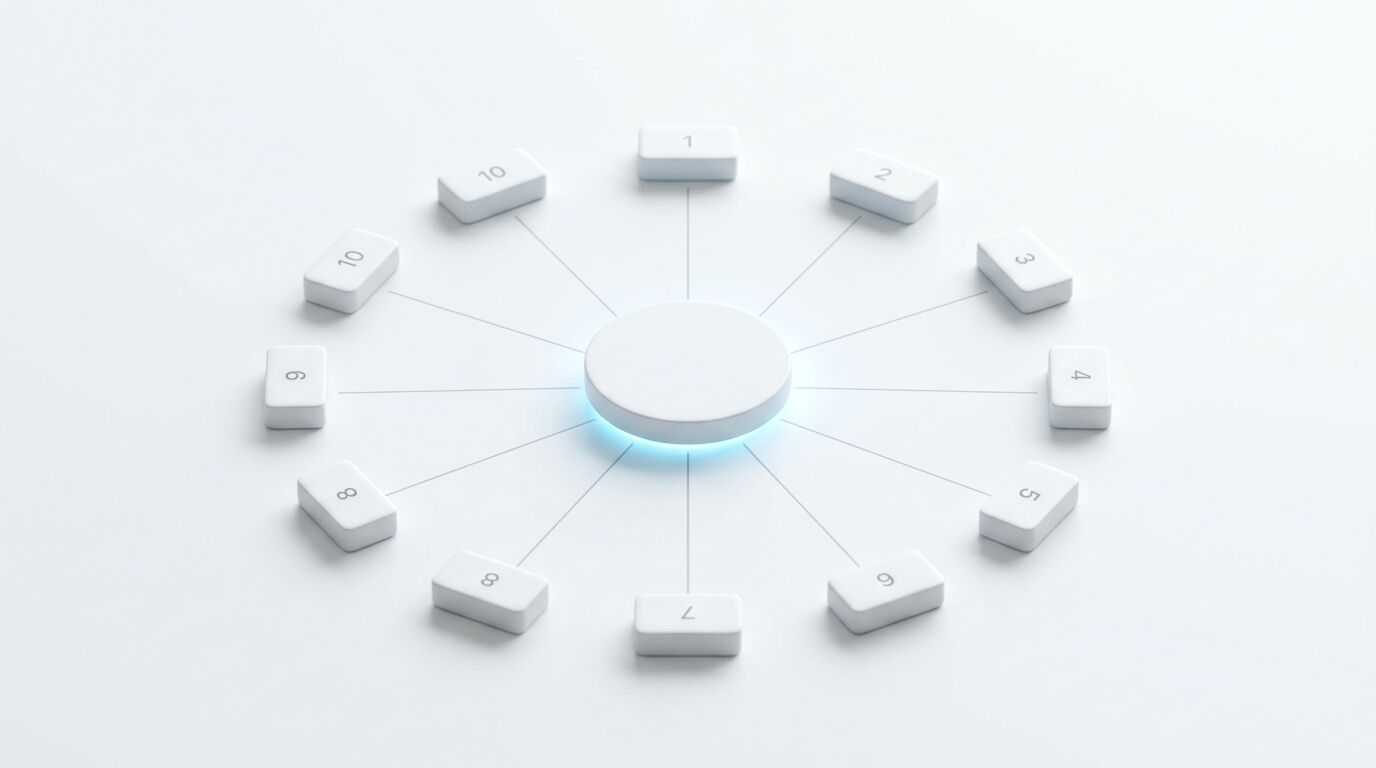 Kreisförmiges Diagramm mit zentralem Knoten und zehn nummerierten Elementen (1-10) an den Außenpositionen, verbunden durch Linien