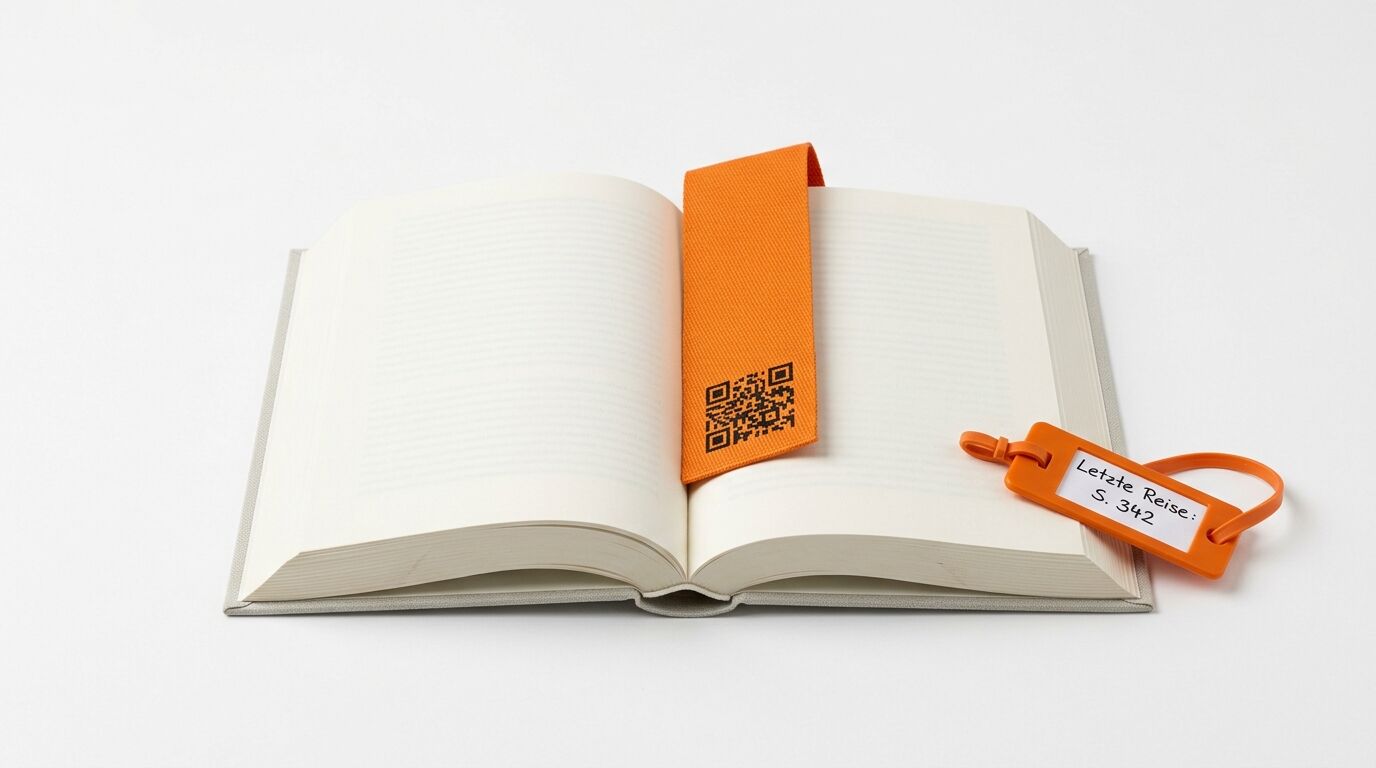 Offenes Buch mit orangefarbenem QR-Lesezeichen und beschriftetem Etikett