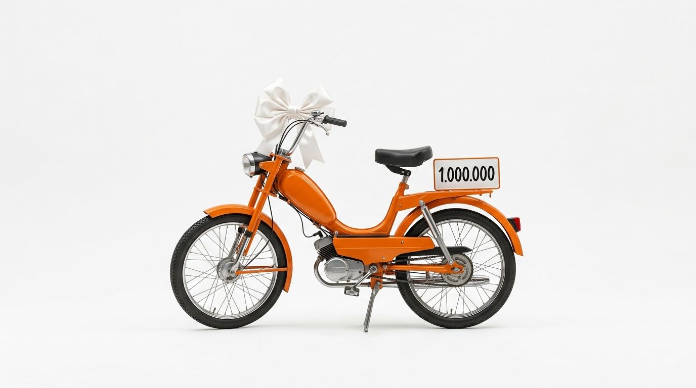 Ein oranges Mofa mit weißer Schleife und einem Schild „1.000.000“ steht auf weißem Hintergrund