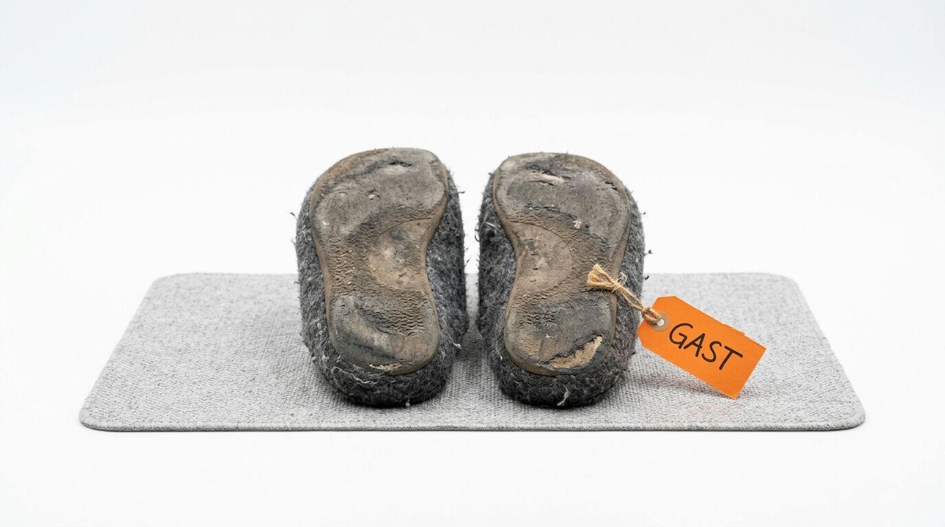 Zwei abgetragene Filzschuhe auf Matte mit orangefarbenem Anhänger und Aufschrift