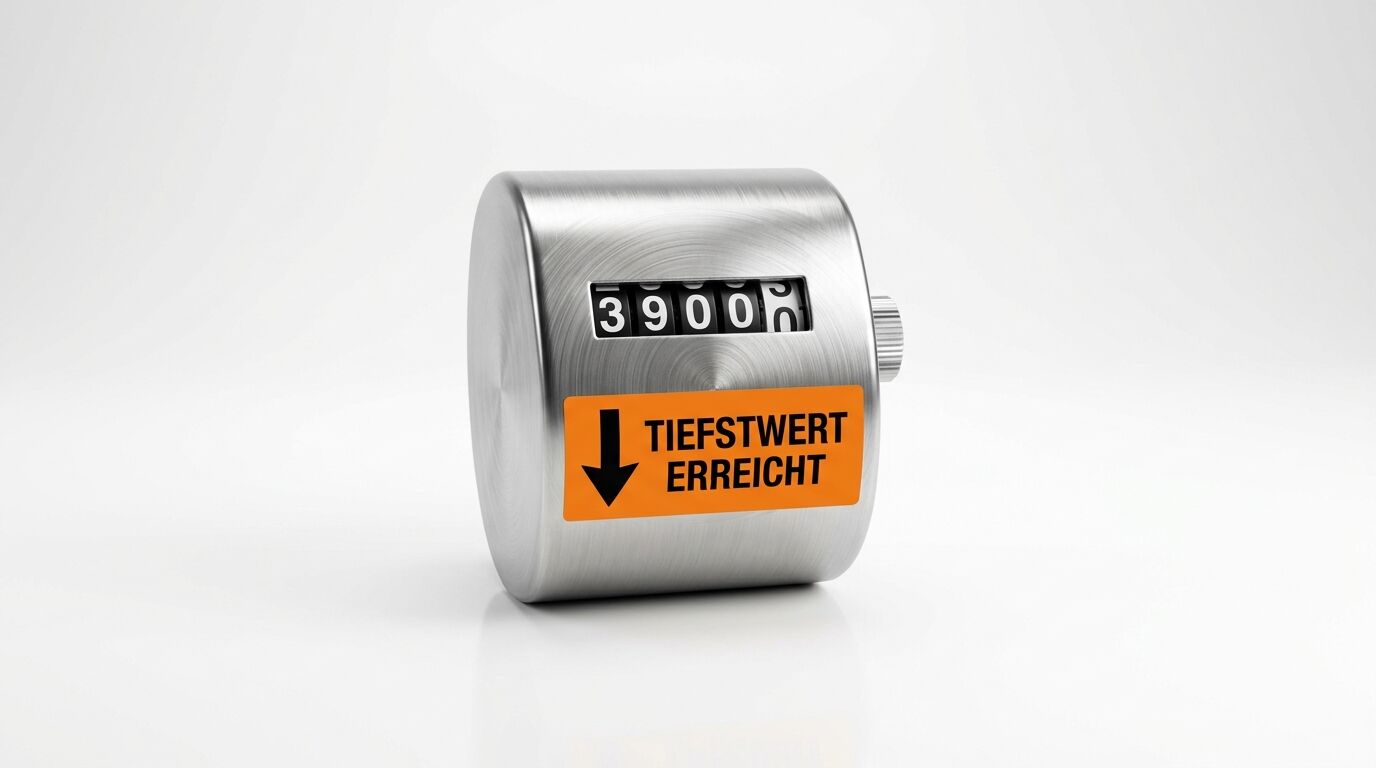 Ein Handzähler aus Metall zeigt „3900“ und hat einen Aufkleber mit „Tiefstwert erreicht“