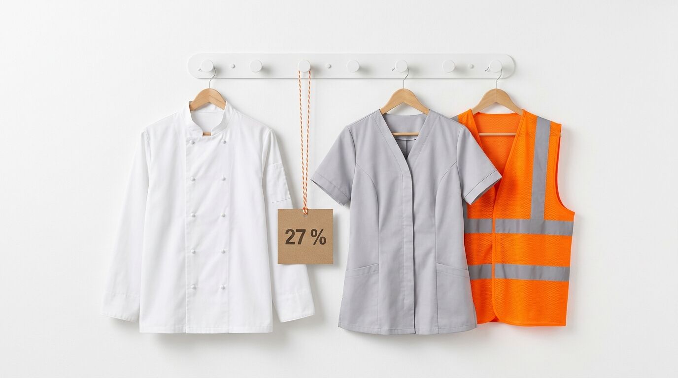 Kochjacke, Kasack, Warnweste am Kleiderhaken, dazwischen Pappschild mit Aufdruck