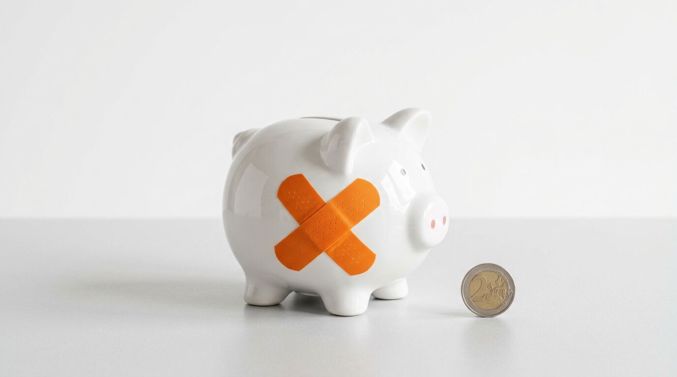 Ein weißes Sparschwein mit einem orangefarbenen Pflasterkreuz und einer 2-Euro-Münze davor