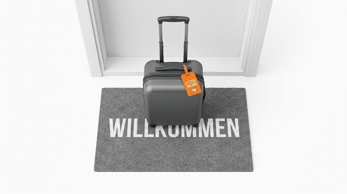 Ein grauer Koffer mit Anhänger auf einer Türmatte mit der Aufschrift „WILLKOMMEN“ vor einer Tür