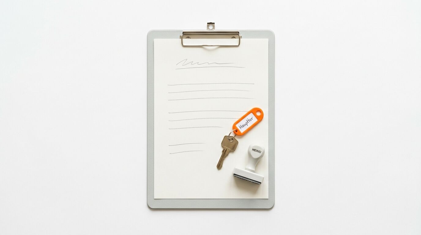 Klemmbrett mit handschriftlichen Notizen, Schlüssel mit orangefarbenem Anhänger und Stempel