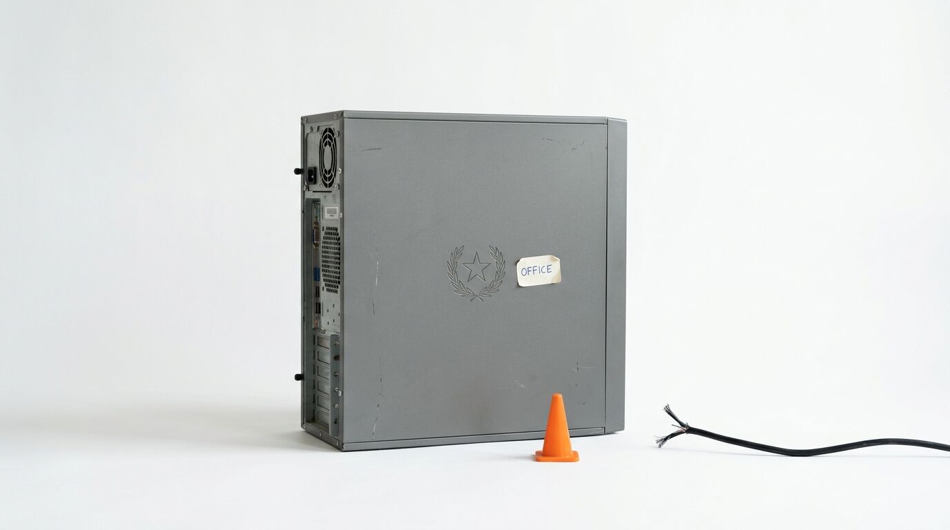 Ein graues PC-Gehäuse mit Sternlogo, ein oranger Pylon und ein defektes Kabel auf weiß