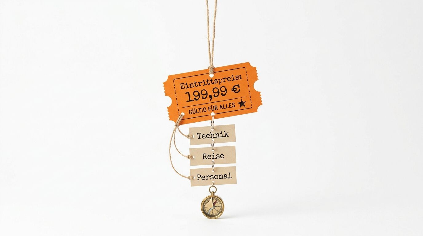 Orangenes Eintrittskarte-Preisschild mit drei beigen Kategorien-Tags (Technik, Reise, Personal) und einem Kompass-Anhänger