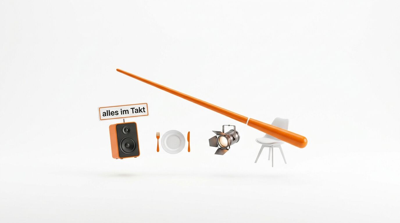 Illustration mit Orange als Leitfarbe: Lautsprecher, Besteck, Teller, Scheinwerfer, Stuhl und Pinsel unter dem Label "alles im Takt"