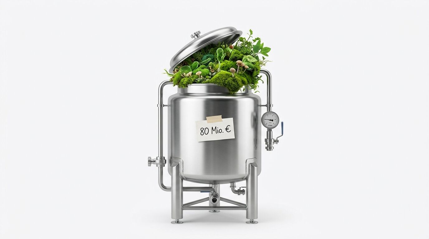 Ein Stahltank voller Pflanzen auf weißem Grund mit einem Preisschild von 80 Mio. €