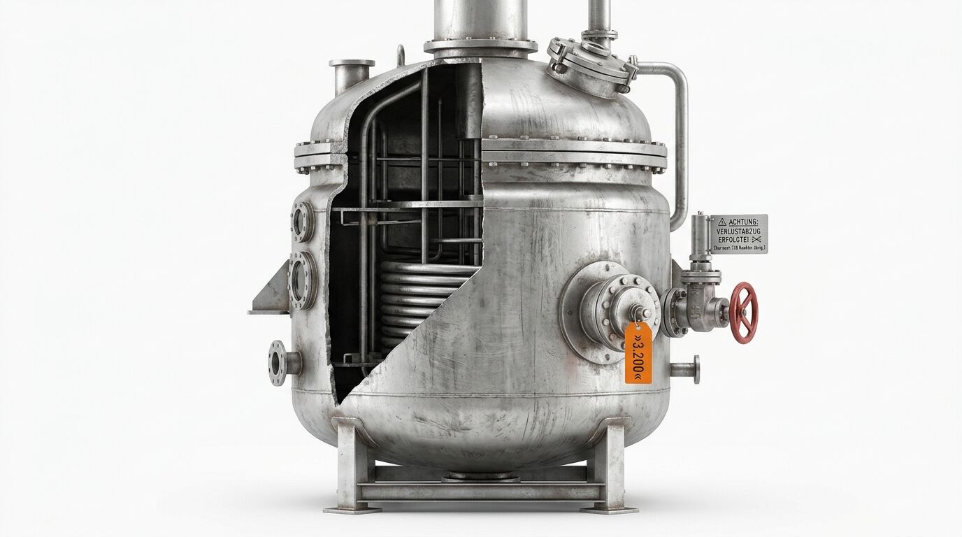 Schnittmodell eines Rührkessels aus Metall mit internen Rohrleitungen vor weißem Hintergrund