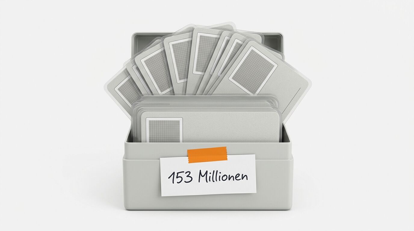 Kartei mit der Aufschrift „153 Millionen“ gefüllt mit gefächerten grauen Karteikarten