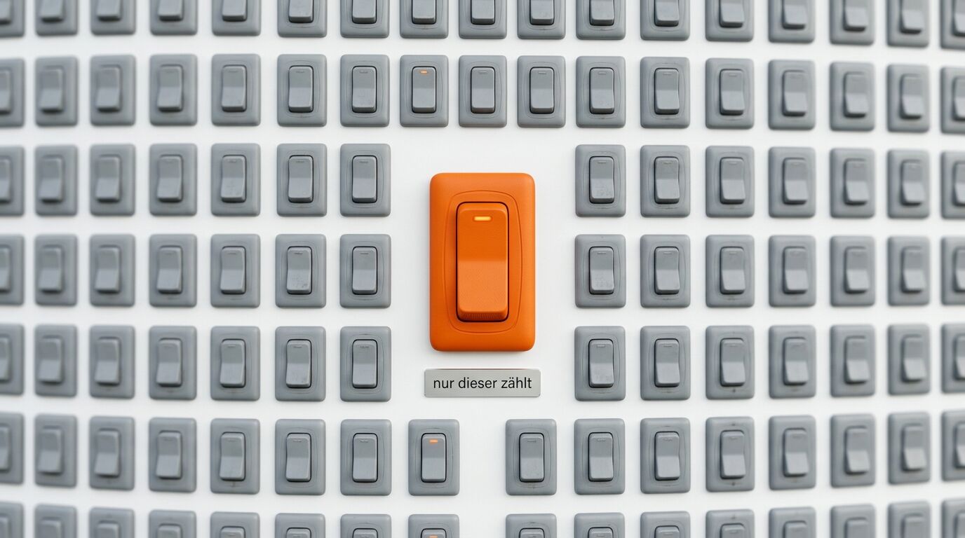 Graue Wippschalterreihe mit zentralem, orangefarbenem Schalter und Text „nur dieser zählt“