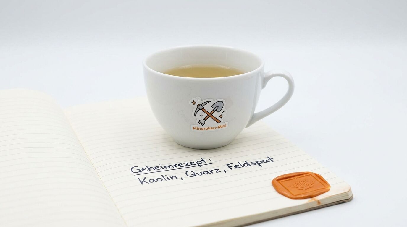 Weiße Tasse auf offenem linierten Notizbuch mit Text und Siegel