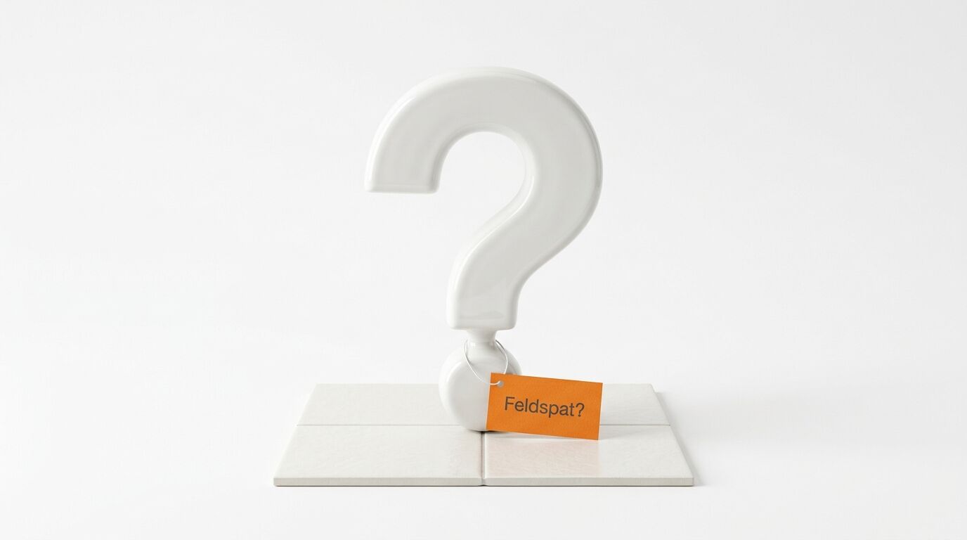 Weißes Fragezeichen auf Fliesen, am Punkt oranges Schild mit Text „Feldspat?“