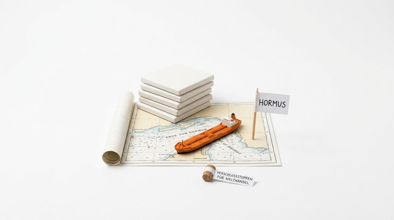 Seekarte der Straße von Hormus mit Frachter-Modell, Steinplatten und Korkpfropfen