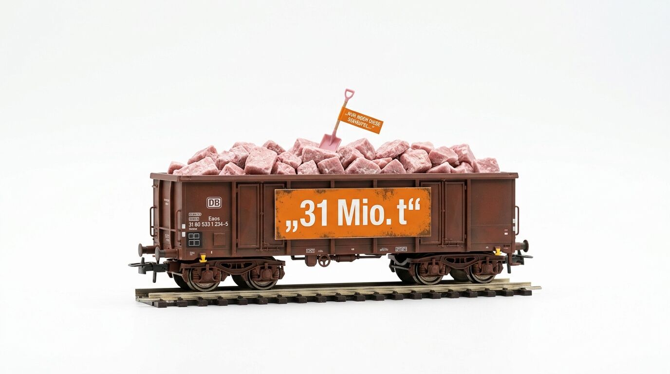 Ein Modellgüterwaggon, beladen mit rosa Brocken, trägt die Aufschrift „31 Mio. t“ und eine kleine Schaufel