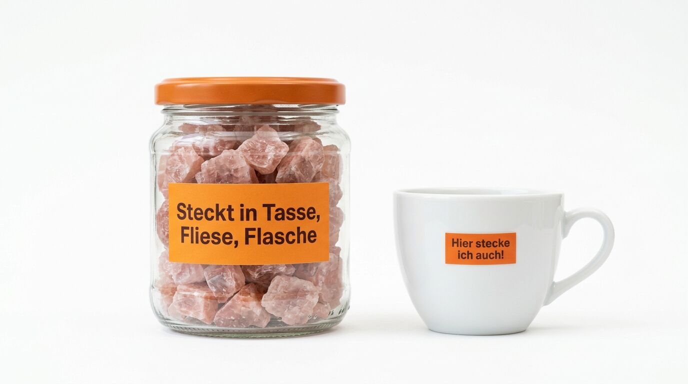 Glas mit rosa Steinen und Tasse auf weißem Grund. Aufkleber mit Text auf Deutsch