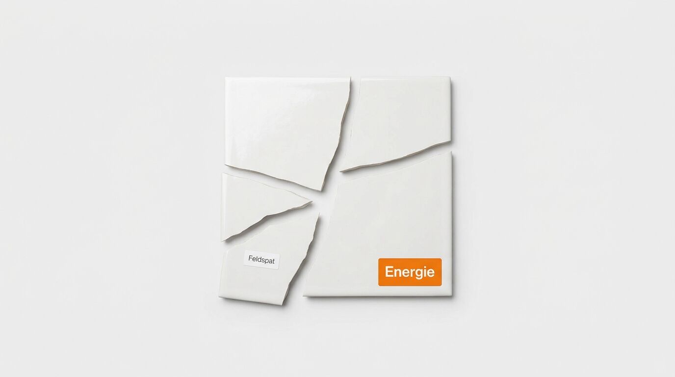 Zerbrochene weiße Fliese mit Aufschriften „Feldspat“ und „Energie“ (orange) auf weiß
